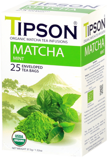 Boczny widok pudełka Tipson Matcha Mint z certyfikatem USDA Organic.