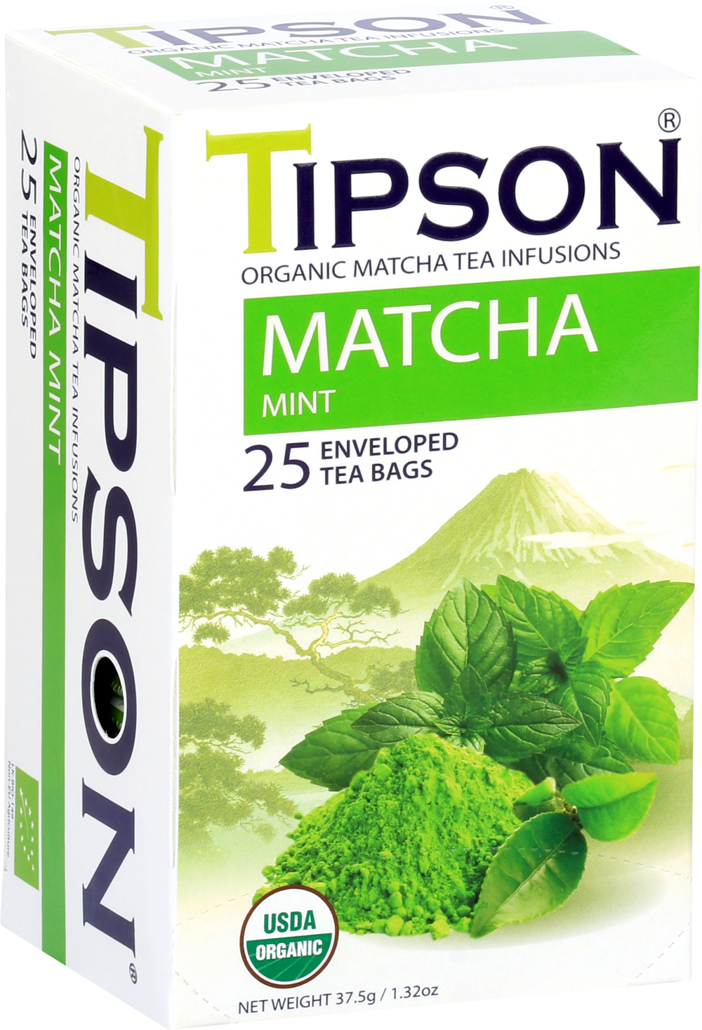 Opakowanie herbaty Tipson Matcha Mint z liśćmi mięty i proszkiem matcha.