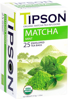 Opakowanie herbaty Tipson Matcha Mint z liśćmi mięty i proszkiem matcha.