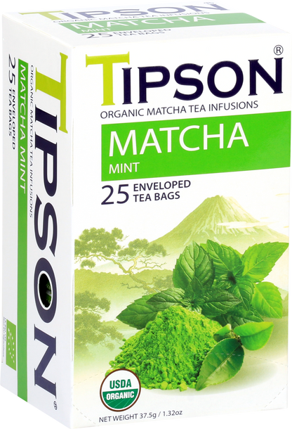 Opakowanie herbaty Tipson Matcha Mint z liśćmi mięty i proszkiem matcha.