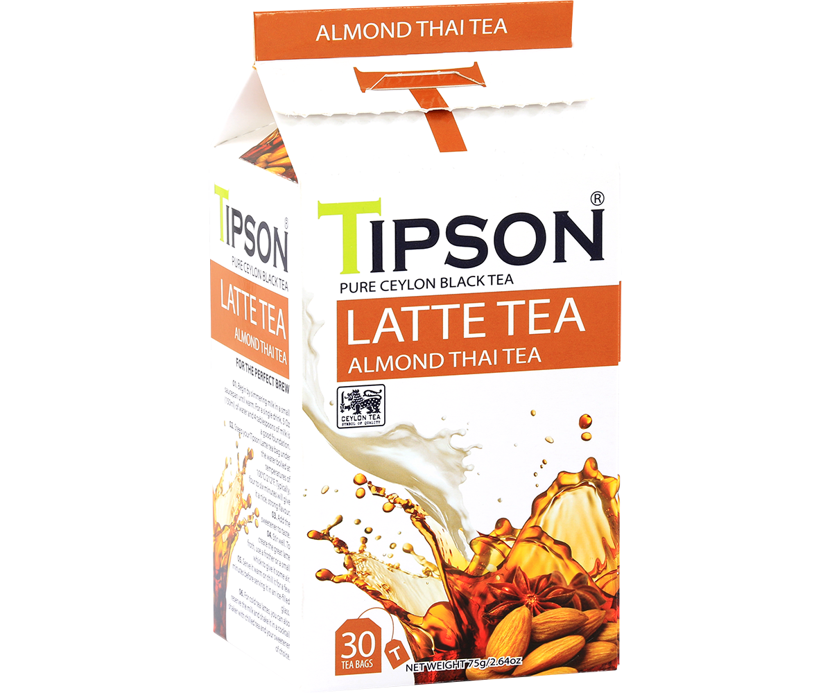 Opakowanie herbaty Tipson Latte Tea Almond Thai z czarnej herbaty cejlońskiej o aromacie migdałów.