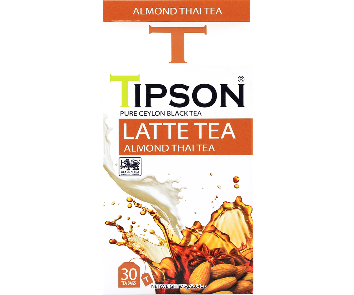 Front pudełka herbaty Tipson Almond Thai Tea – czarna herbata cejlońska idealna do latte.