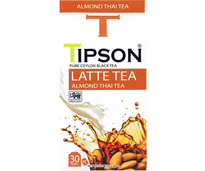 Front pudełka herbaty Tipson Almond Thai Tea – czarna herbata cejlońska idealna do latte.