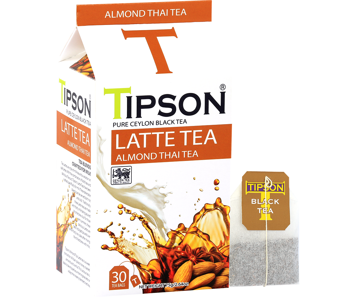 Zestaw Tipson Latte Tea Almond Thai z torebką herbaty i widocznym logo marki.