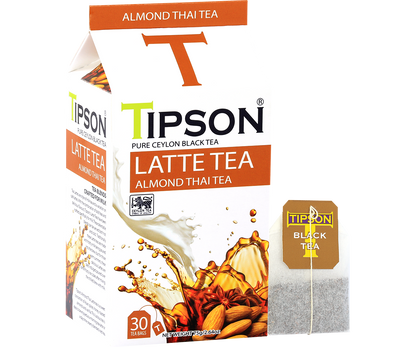 Zestaw Tipson Latte Tea Almond Thai z torebką herbaty i widocznym logo marki.