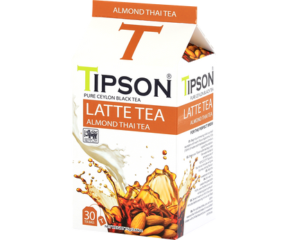 Boczne ujęcie opakowania herbaty Tipson Almond Thai Latte Tea – czarna herbata z nutą migdałów.