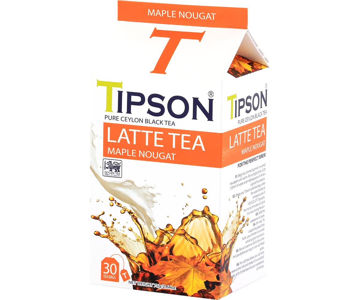 Opakowanie herbaty Tipson Latte Tea Maple Nougat z czarnej herbaty cejlońskiej o smaku klonowego nugatu.
