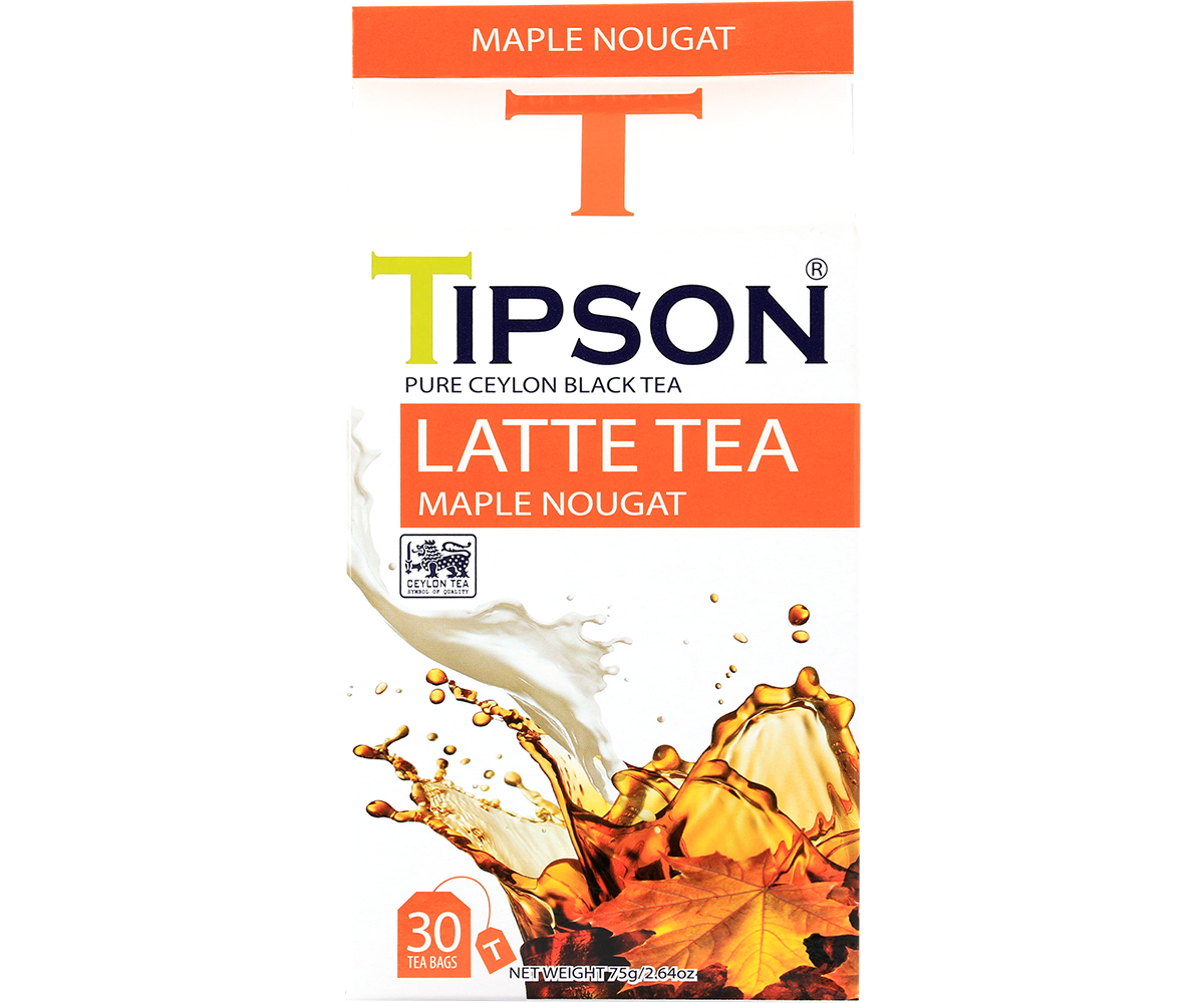 Front pudełka Tipson Maple Nougat Latte Tea – aromatyczna herbata cejlońska z nutą klonu.