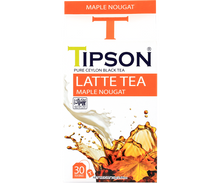 Front pudełka Tipson Maple Nougat Latte Tea – aromatyczna herbata cejlońska z nutą klonu.