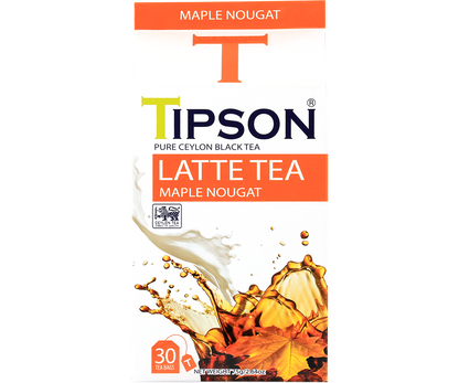 Front pudełka Tipson Maple Nougat Latte Tea – aromatyczna herbata cejlońska z nutą klonu.