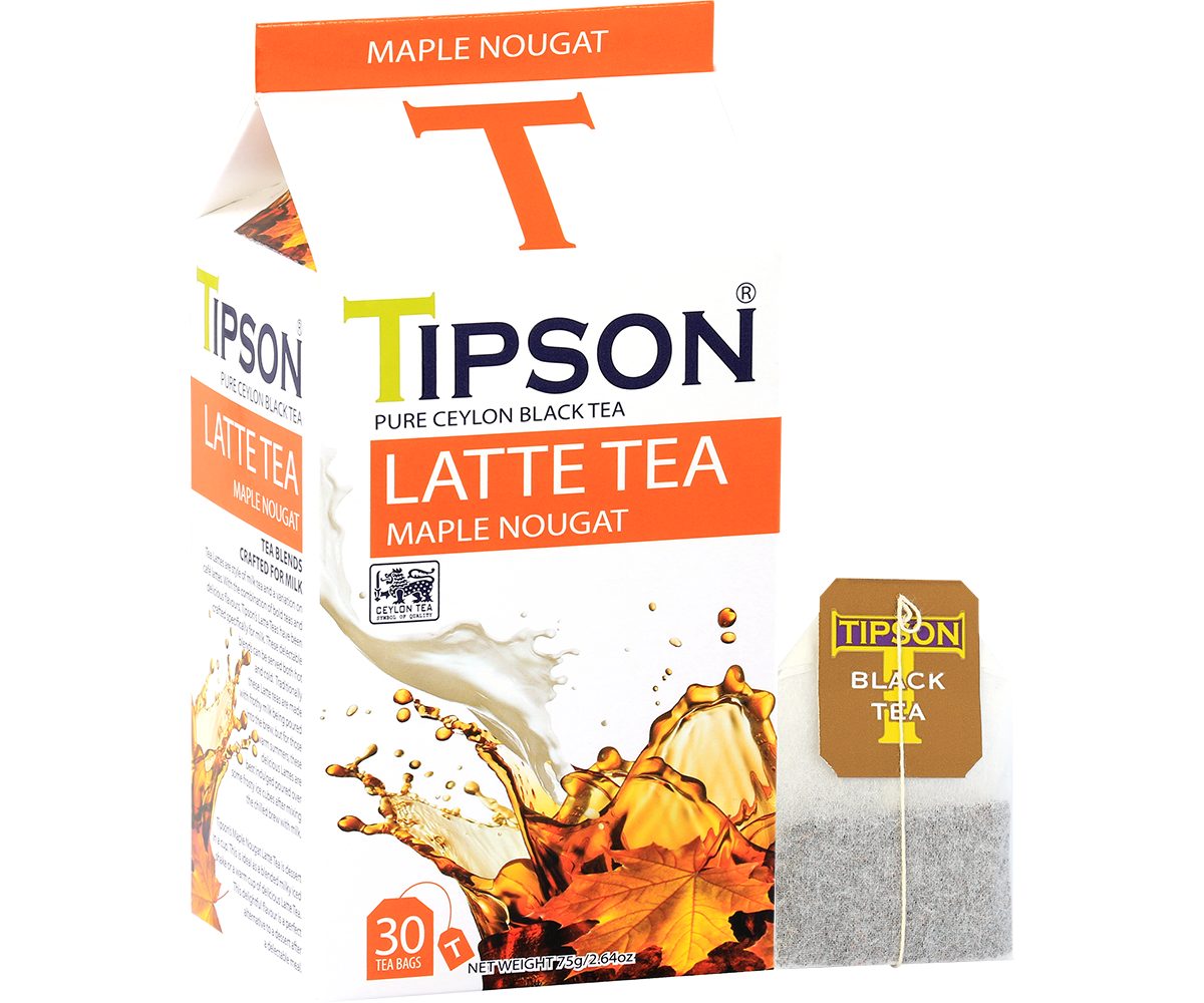 Zestaw Tipson Latte Tea Maple Nougat z torebką herbaty i logo marki Tipson.