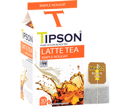 Zestaw Tipson Latte Tea Maple Nougat z torebką herbaty i logo marki Tipson.