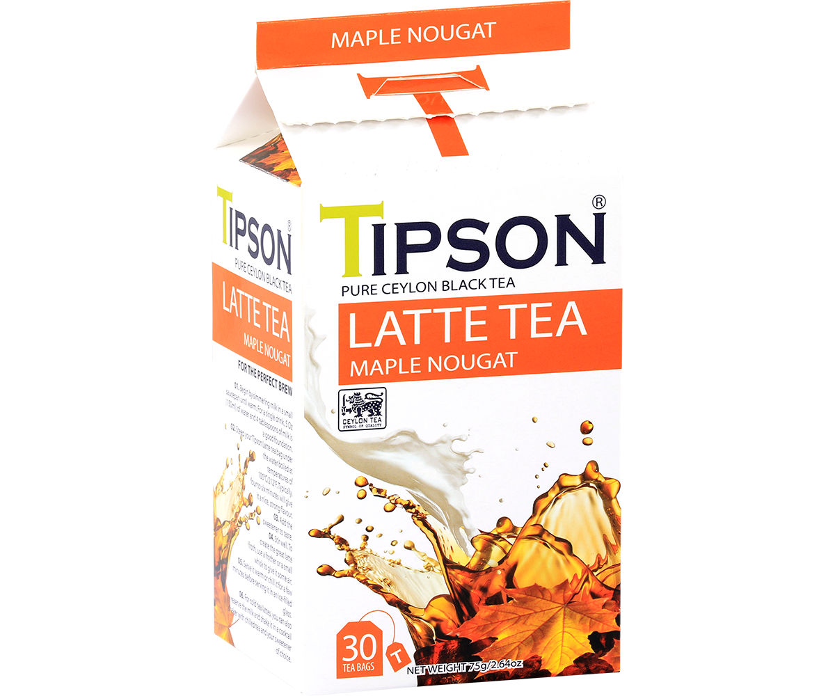 Boczne ujęcie opakowania herbaty Tipson Maple Nougat – czarna herbata z aromatem klonowego nugatu.