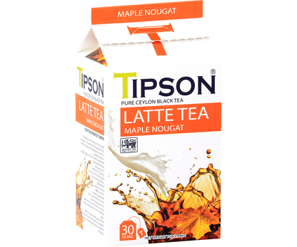 Boczne ujęcie opakowania herbaty Tipson Maple Nougat – czarna herbata z aromatem klonowego nugatu.