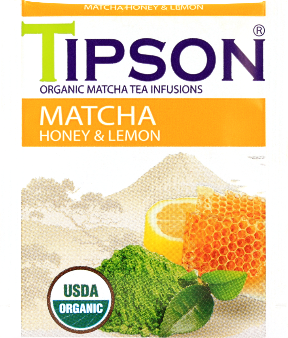 Opakowanie herbaty Tipson Matcha Honey & Lemon z ilustracją miodu, cytryny i zielonej matchy.