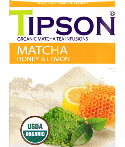 Opakowanie herbaty Tipson Matcha Honey & Lemon z ilustracją miodu, cytryny i zielonej matchy.