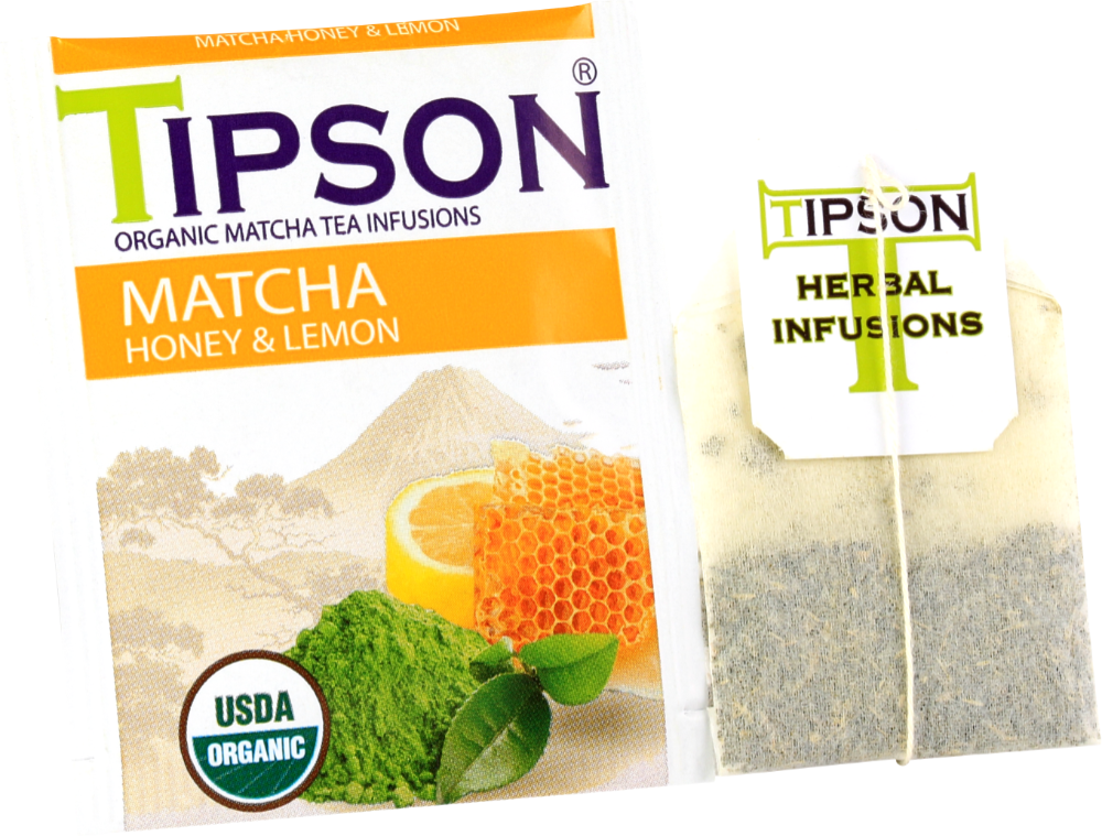 Saszetka herbaty Tipson Matcha Honey & Lemon obok opakowania z widocznym logo USDA Organic.