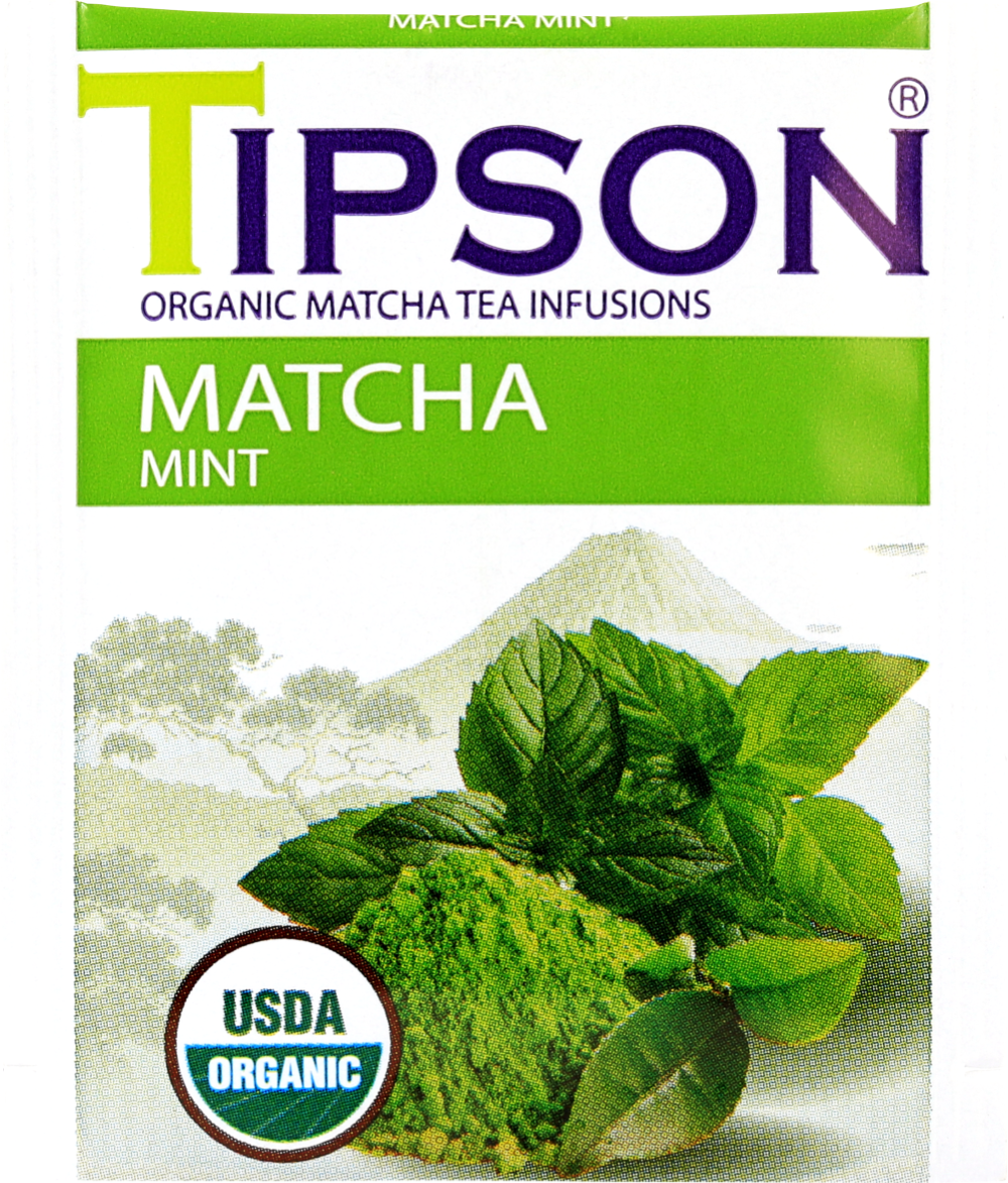 Opakowanie herbaty Tipson Matcha Mint z liśćmi mięty i zielonym proszkiem matcha.