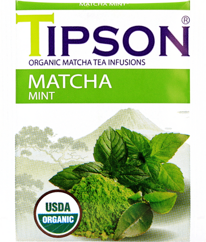 Opakowanie herbaty Tipson Matcha Mint z liśćmi mięty i zielonym proszkiem matcha.