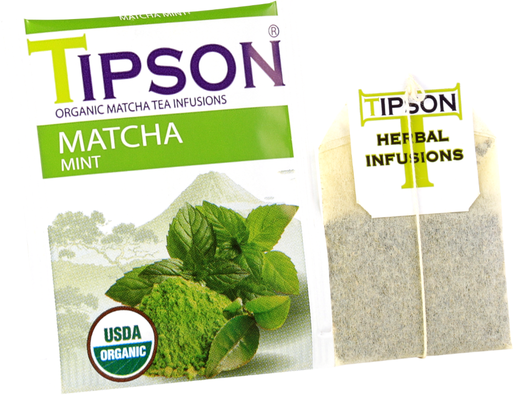 Saszetka herbaty Tipson Matcha Mint obok opakowania z logo USDA Organic.