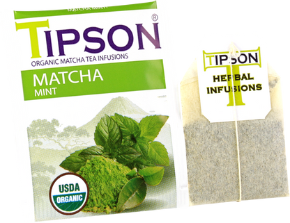 Saszetka herbaty Tipson Matcha Mint obok opakowania z logo USDA Organic.