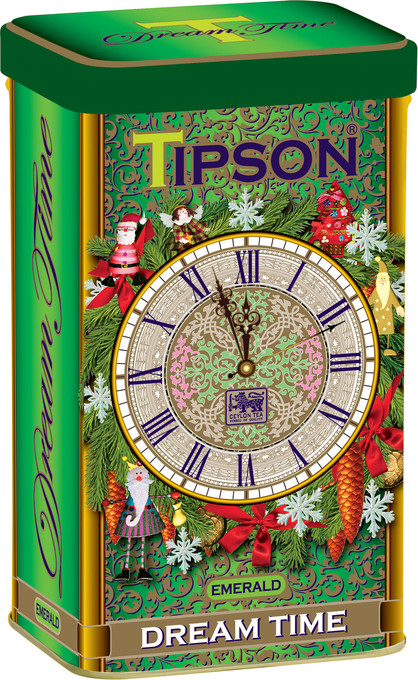 Puszka herbaty Tipson Dream Time Emerald w świątecznej zielono-złotej oprawie z motywem zegara.