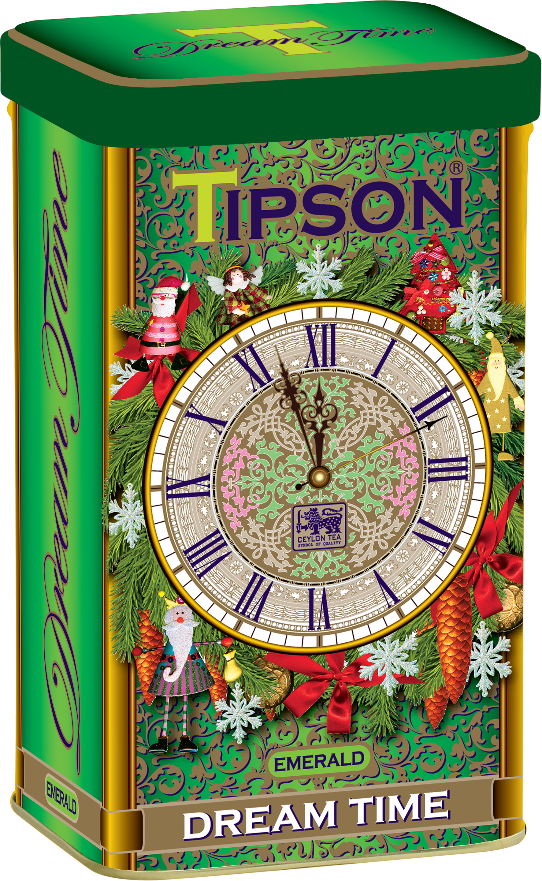 Puszka herbaty Tipson Dream Time Emerald w świątecznej zielono-złotej oprawie z motywem zegara.