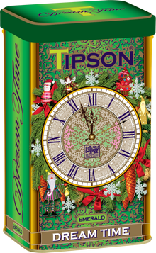 Puszka herbaty Tipson Dream Time Emerald w świątecznej zielono-złotej oprawie z motywem zegara.