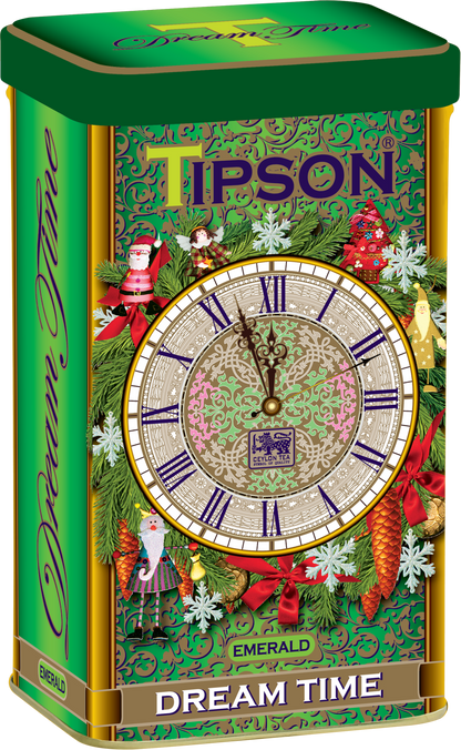 Puszka herbaty Tipson Dream Time Emerald w świątecznej zielono-złotej oprawie z motywem zegara.