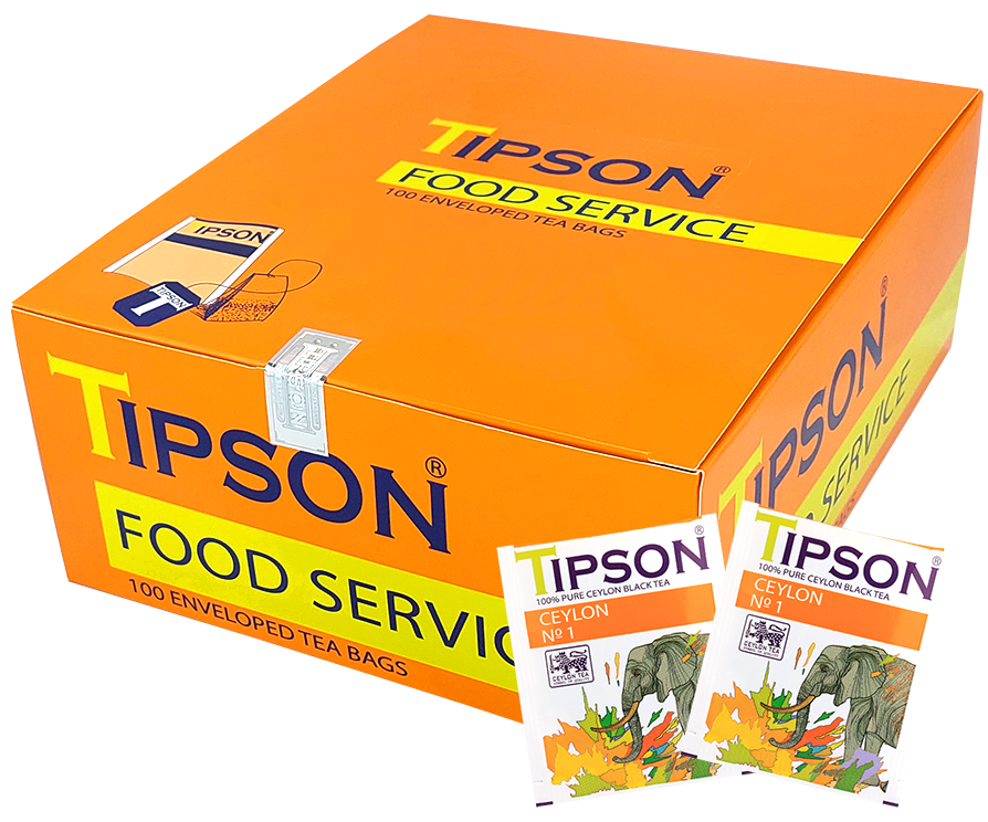 Duże pomarańczowe pudełko Tipson Ceylon no 1 z dwoma saszetkami czarnej herbaty cejlońskiej, produkt w praktycznym opakowaniu