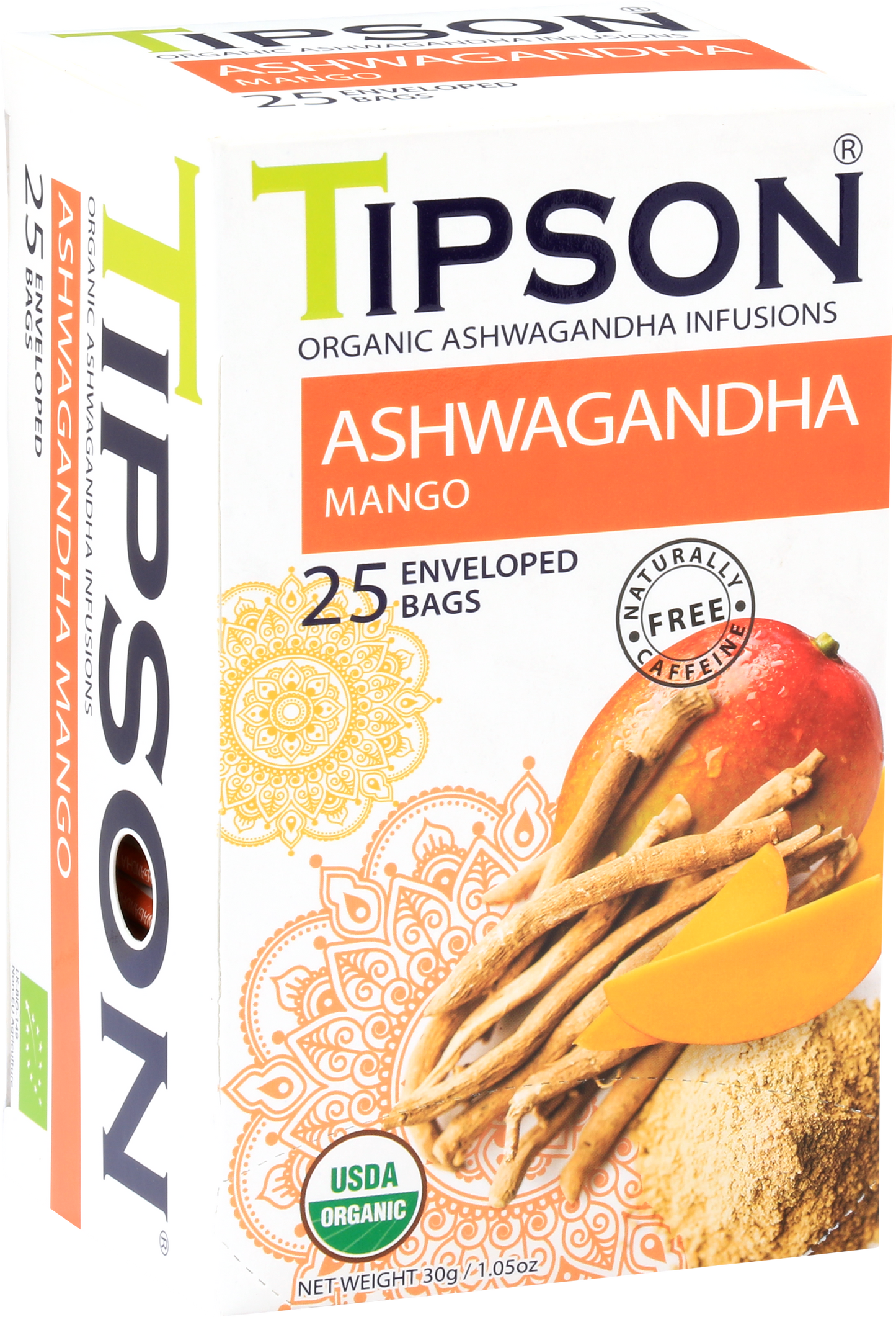 Opakowanie herbaty Tipson Ashwagandha Mango z ilustracją korzeni i owocu mango.