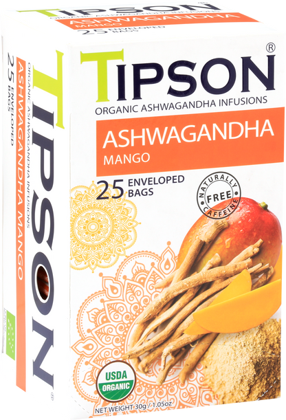Opakowanie herbaty Tipson Ashwagandha Mango z ilustracją korzeni i owocu mango.