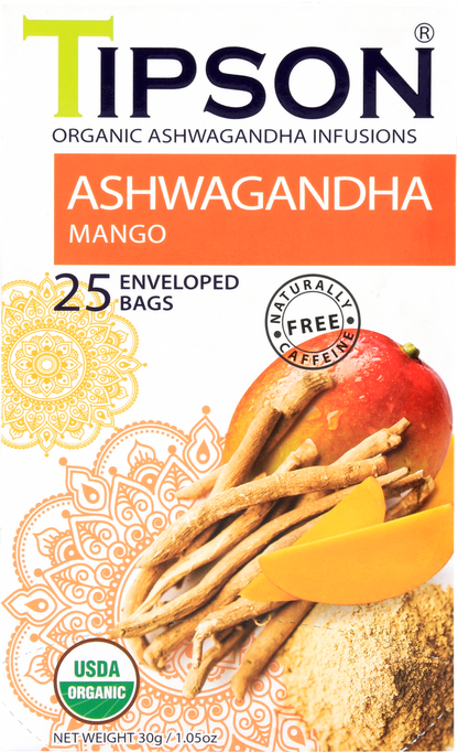 Herbata ziołowa Tipson Ashwagandha Mango – naturalny napar z ashwagandhą i mango.