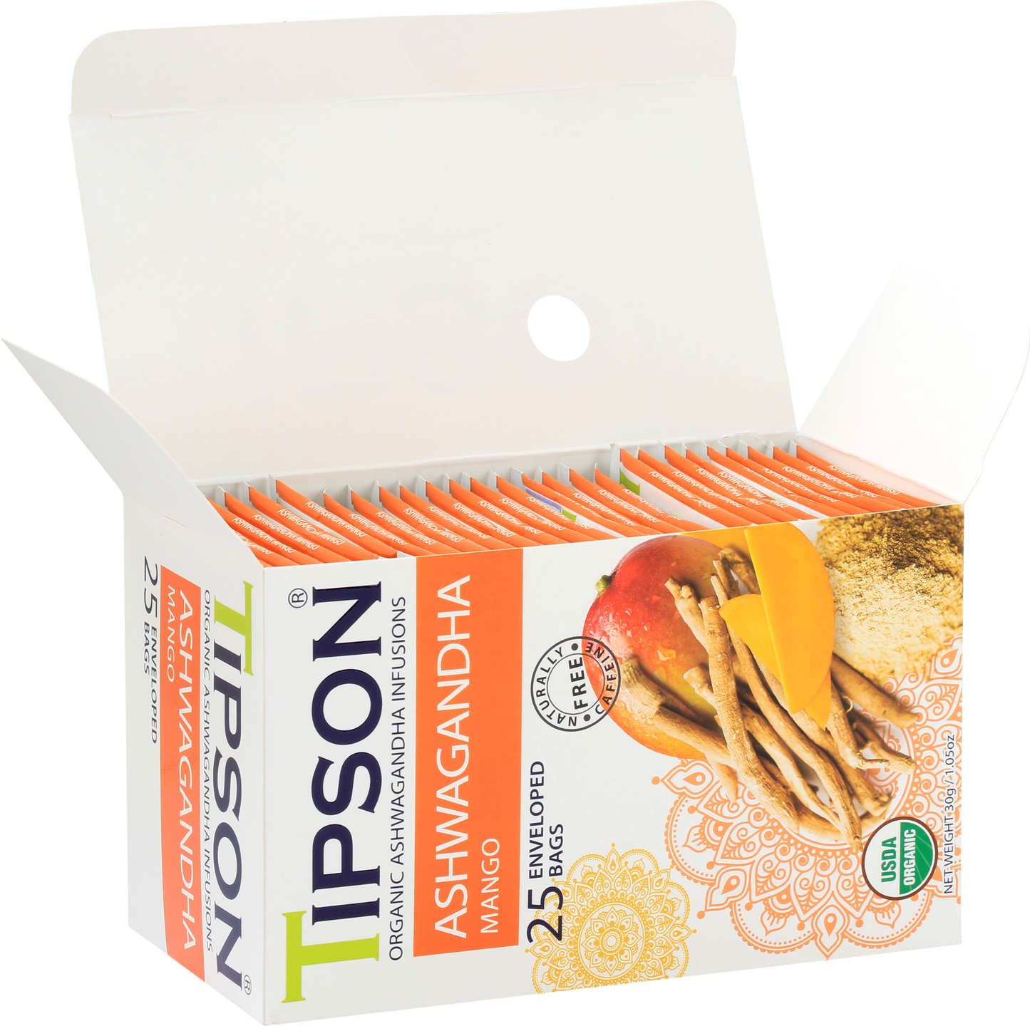 Otwarte pudełko z saszetkami herbaty Tipson Ashwagandha Mango o egzotycznym aromacie.