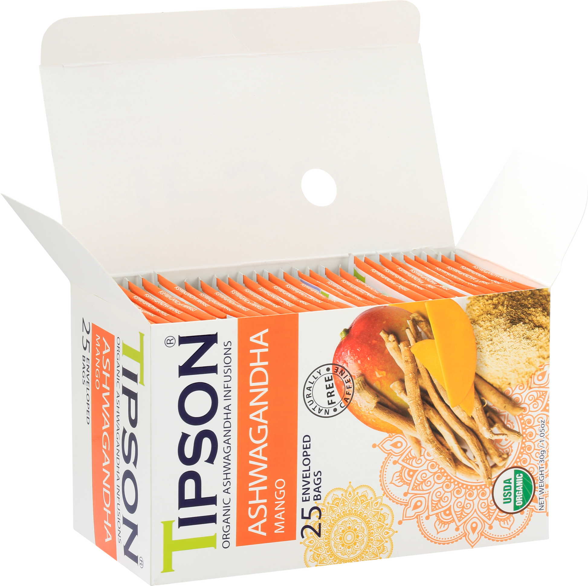 Otwarte pudełko z saszetkami herbaty Tipson Ashwagandha Mango o egzotycznym aromacie.