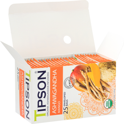 Otwarte pudełko z saszetkami herbaty Tipson Ashwagandha Mango o egzotycznym aromacie.