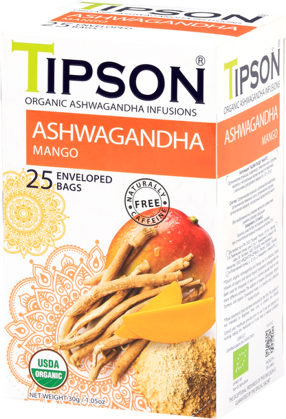 Bok pudełka herbaty Tipson Ashwagandha Mango – organiczna mieszanka bez kofeiny.