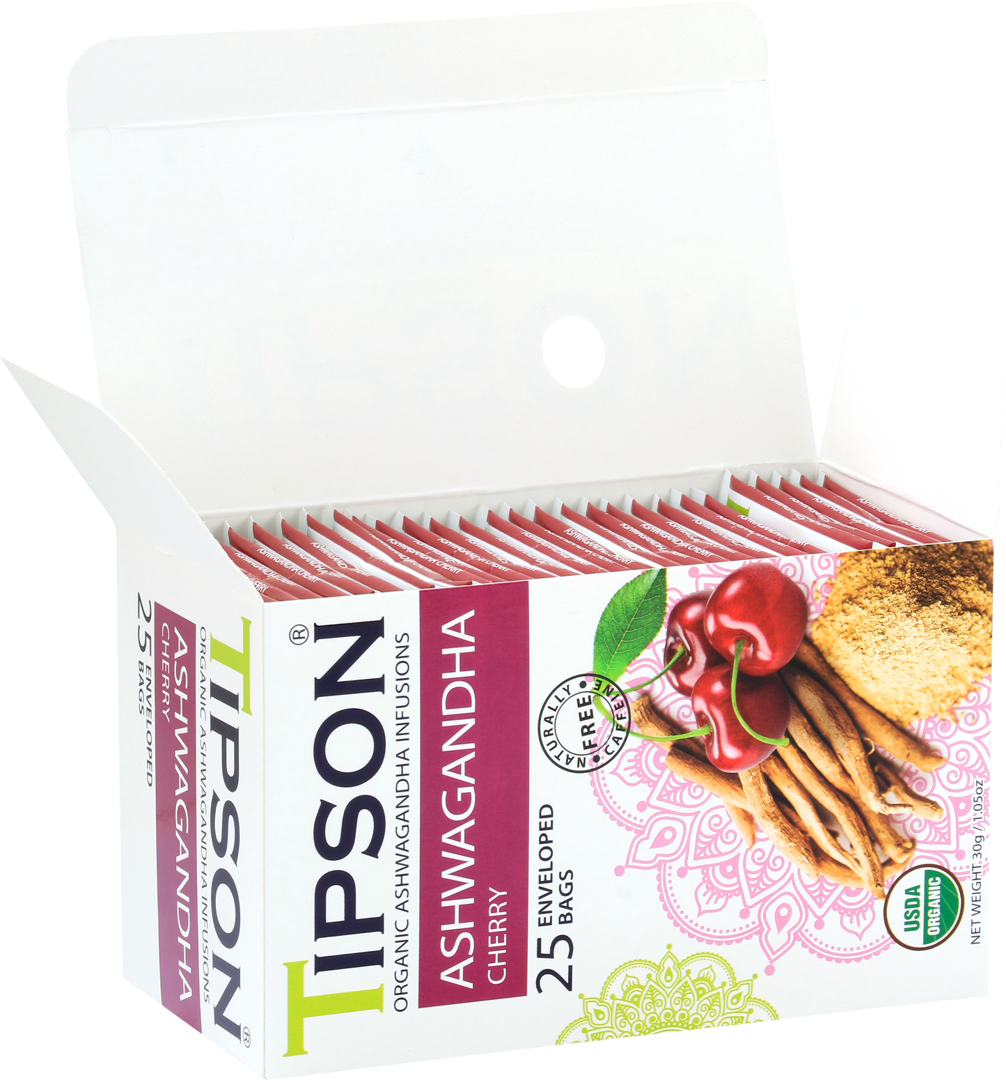 Zbliżenie na opakowanie herbaty Tipson Ashwagandha Cherry w biało-bordowej kolorystyce.