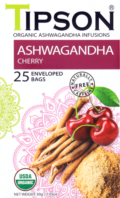 Przód opakowania herbaty Tipson Ashwagandha Cherry z ilustracją korzenia ashwagandhy i wiśni.