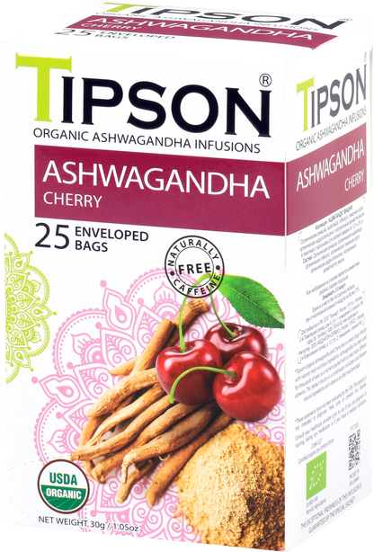 Otwarte pudełko herbaty Tipson Ashwagandha Cherry z widocznymi saszetkami.