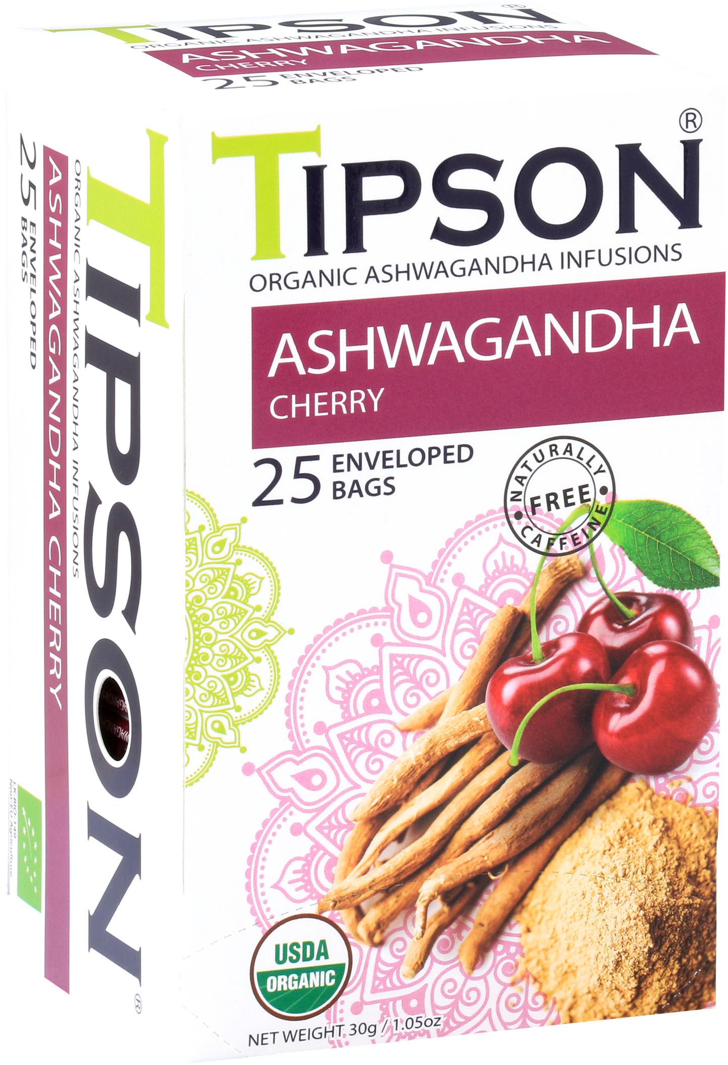 Boczny widok pudełka herbaty Tipson Ashwagandha Cherry z certyfikatem USDA Organic.