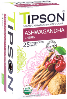 Boczny widok pudełka herbaty Tipson Ashwagandha Cherry z certyfikatem USDA Organic.