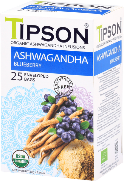 Przód pudełka herbaty Tipson Ashwagandha Blueberry z grafiką korzenia ashwagandhy i borówek.