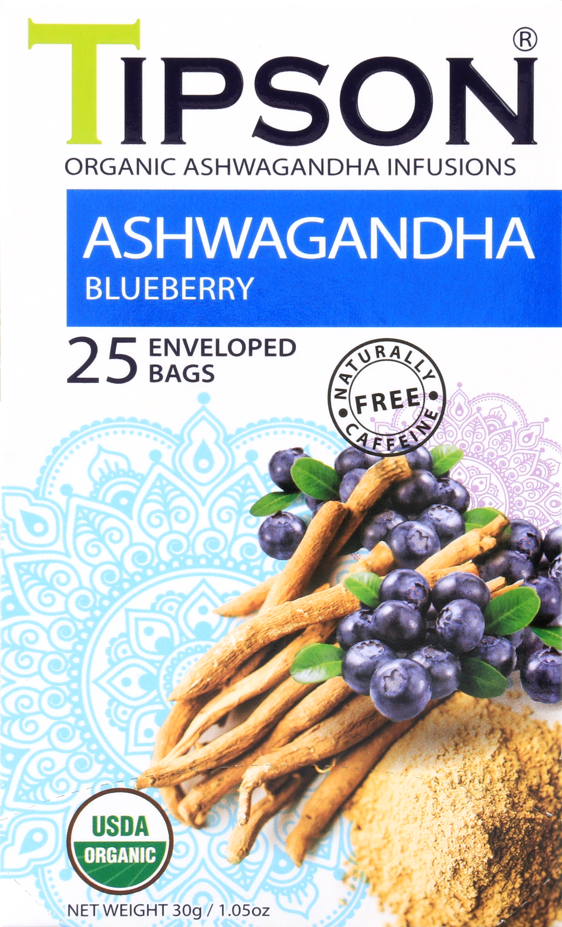 Zbliżenie frontu opakowania herbaty Tipson Ashwagandha Blueberry z certyfikatem USDA Organic.