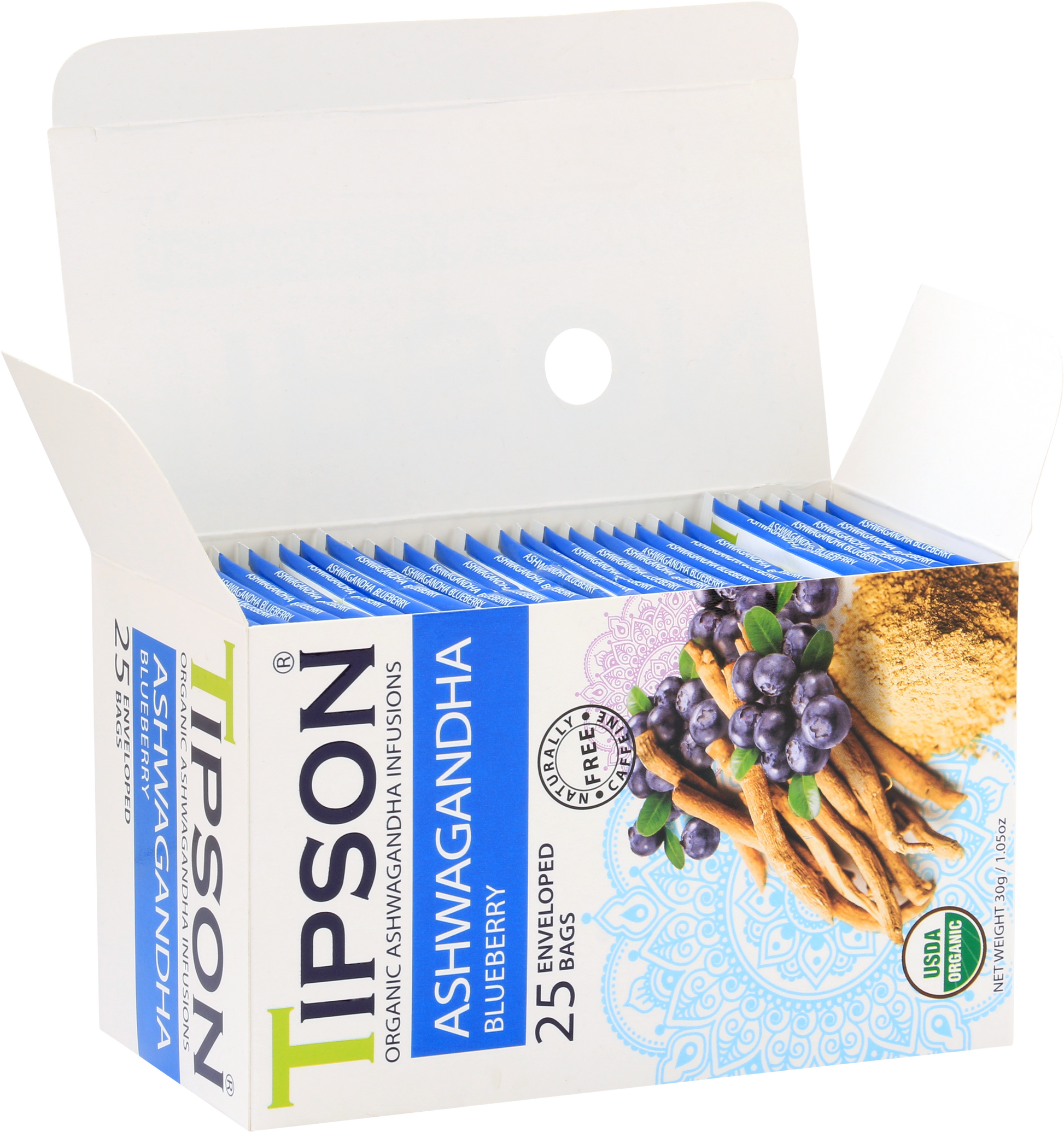 Otwarte pudełko herbaty Tipson Ashwagandha Blueberry z widocznymi saszetkami.