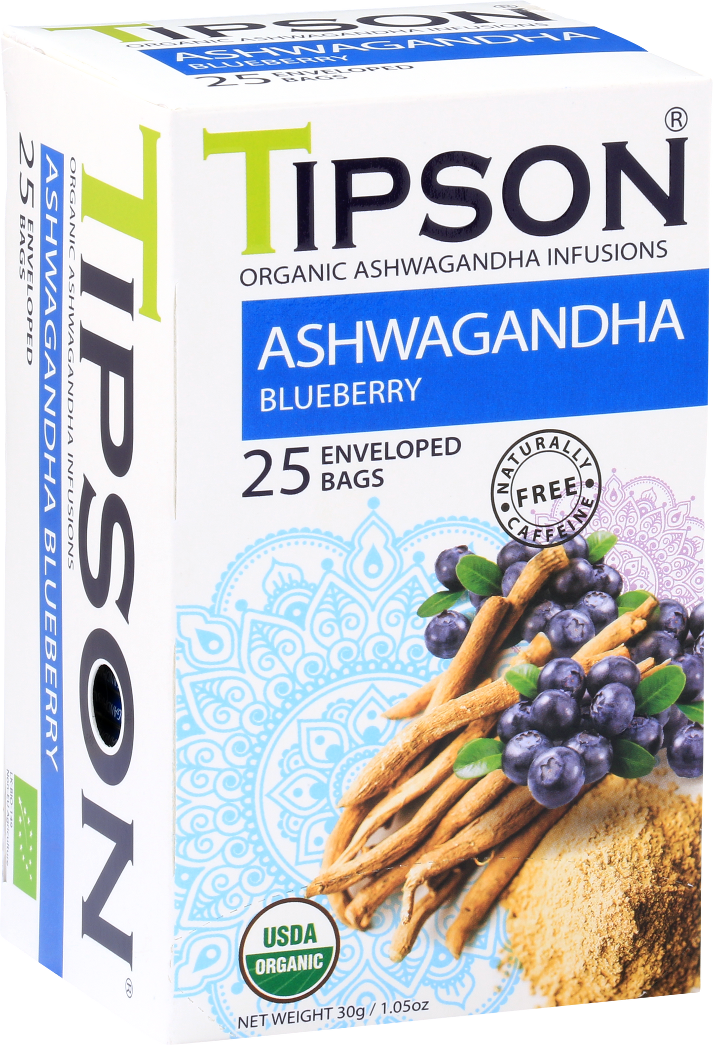 Boczny widok opakowania herbaty Tipson Ashwagandha Blueberry z opisem produktu i składem.