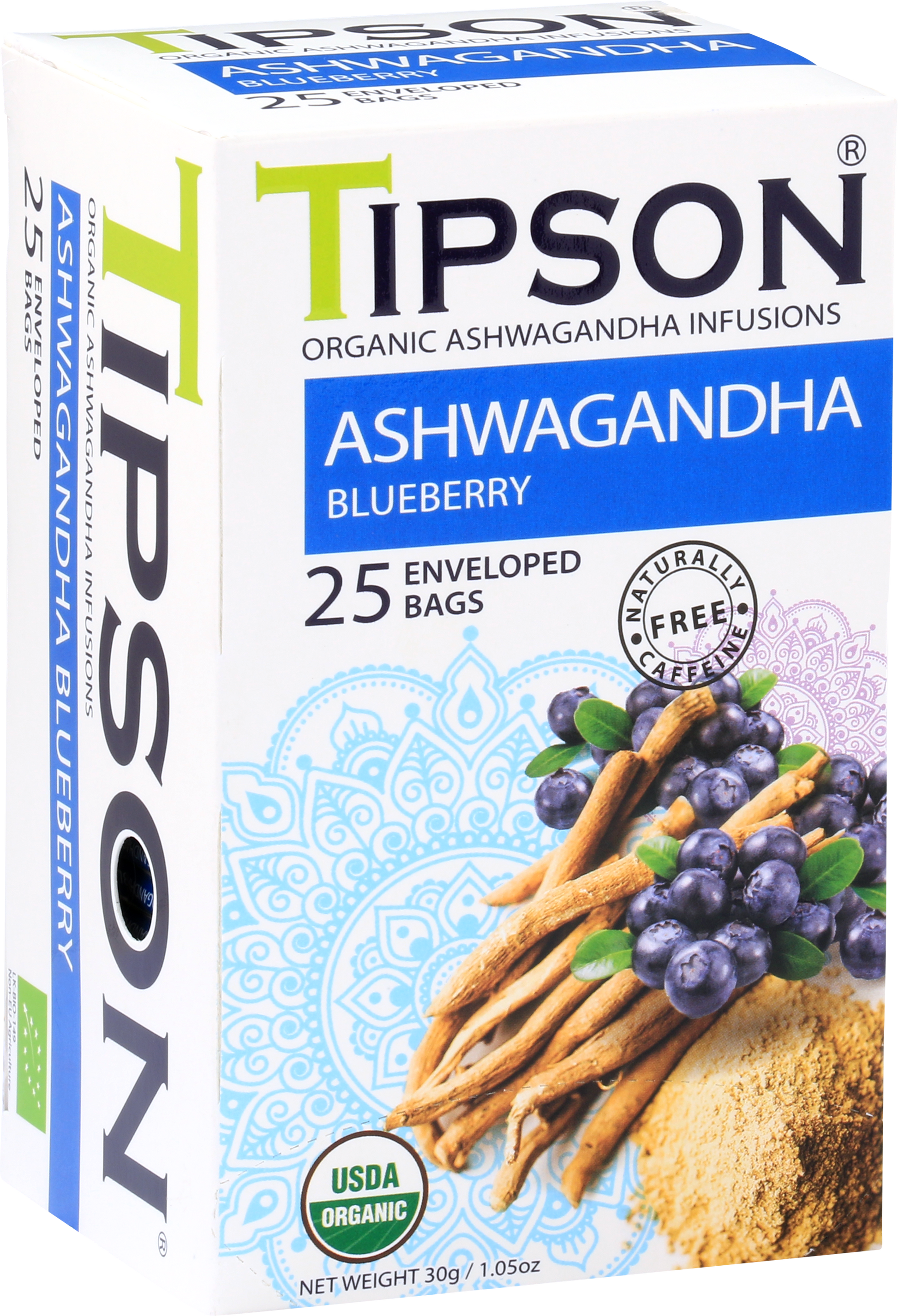 Boczny widok opakowania herbaty Tipson Ashwagandha Blueberry z opisem produktu i składem.