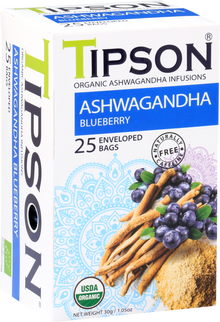 Boczny widok opakowania herbaty Tipson Ashwagandha Blueberry z opisem produktu i składem.