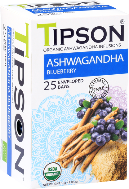 Boczny widok opakowania herbaty Tipson Ashwagandha Blueberry z opisem produktu i składem.