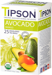 Boczny widok pudełka herbaty Tipson Avocado Mango z ilustracją awokado i mango.